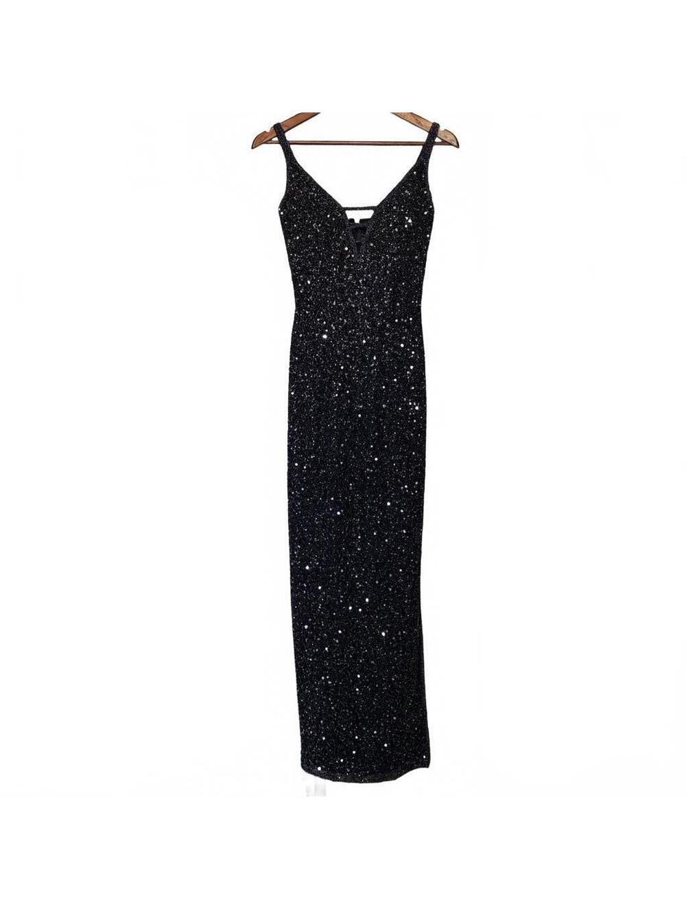 Scala Vintage 100% Silk Shell Fully Beaded Formal Evening Gown Navy XS Glam